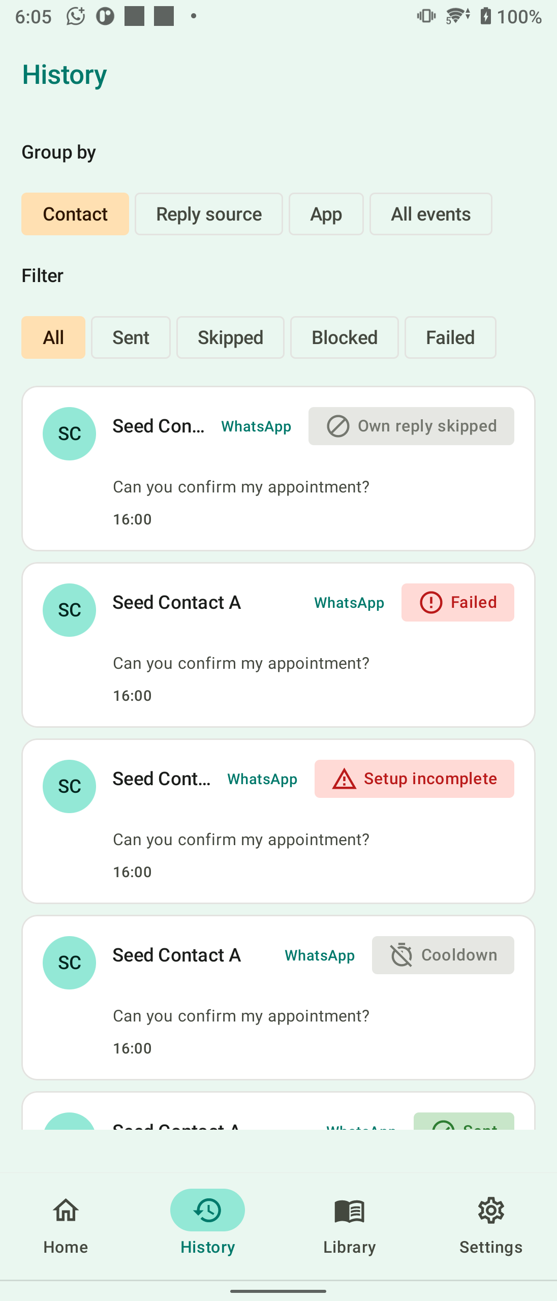 Auto Reply Ping History grouped by contact, with sent, skipped, and failed outcomes