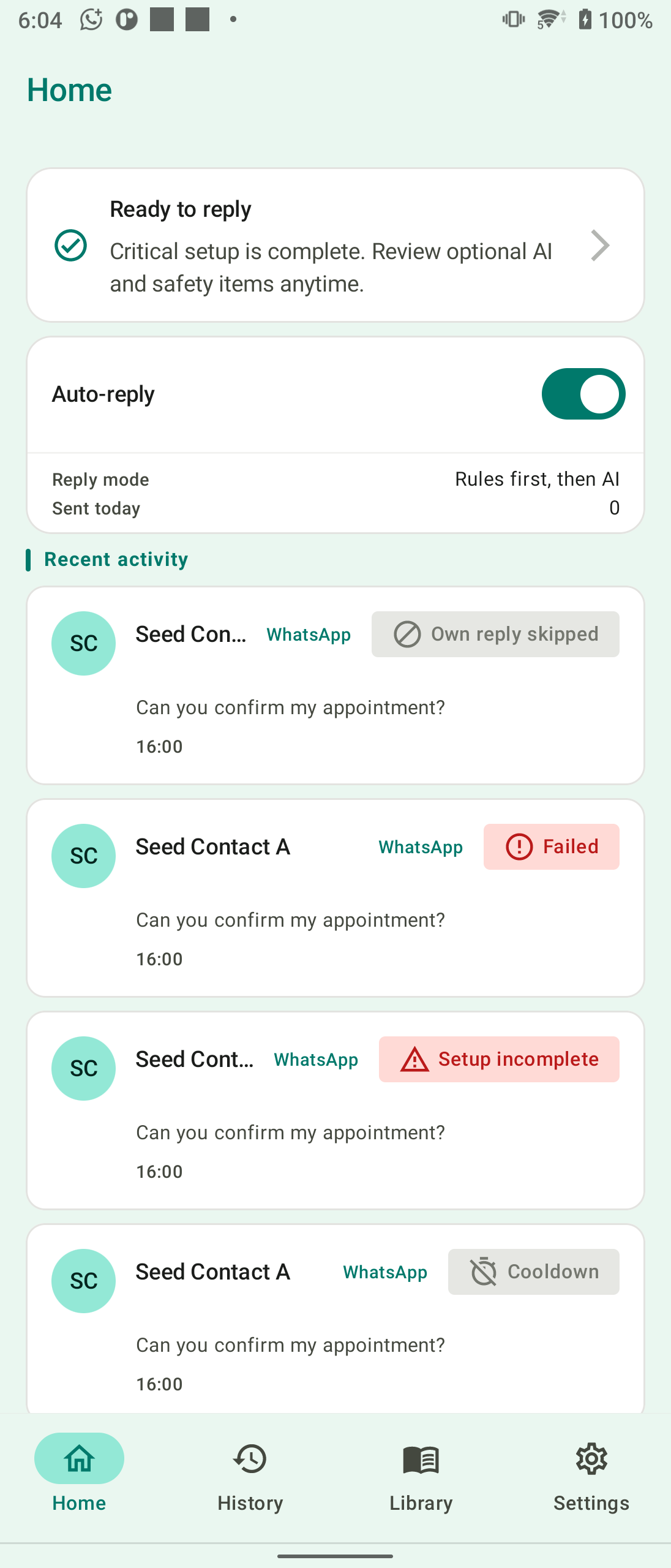 Auto Reply Ping Home screen showing auto-reply toggle and recent activity