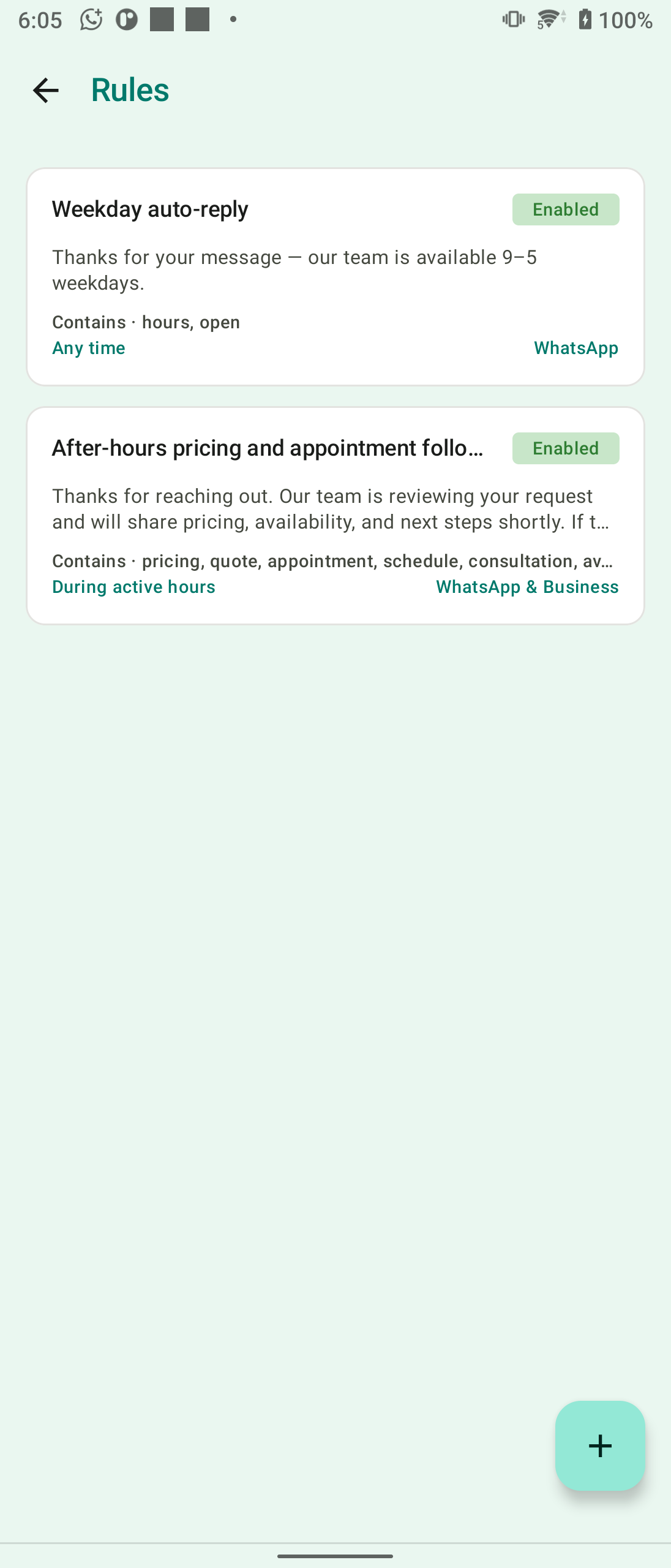 Auto Reply Ping Rules list with weekday and after-hours reply rules