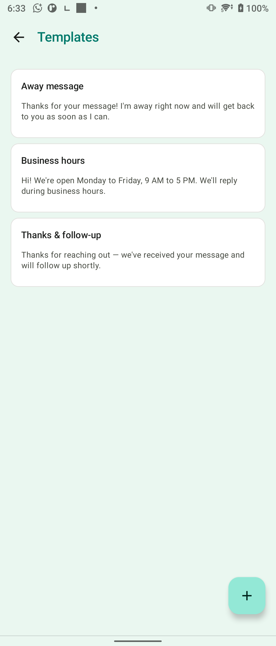 Auto Reply Ping Templates list with away, business hours, and follow-up replies