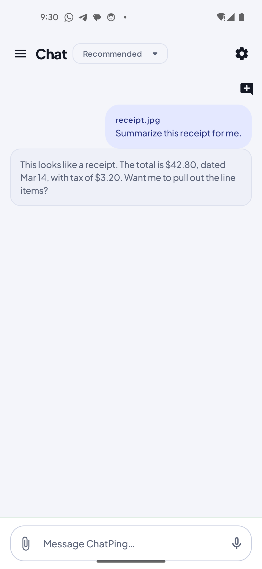 ChatPing chat showing an attached receipt image with the AI reply summarizing the total, date, and tax from the receipt