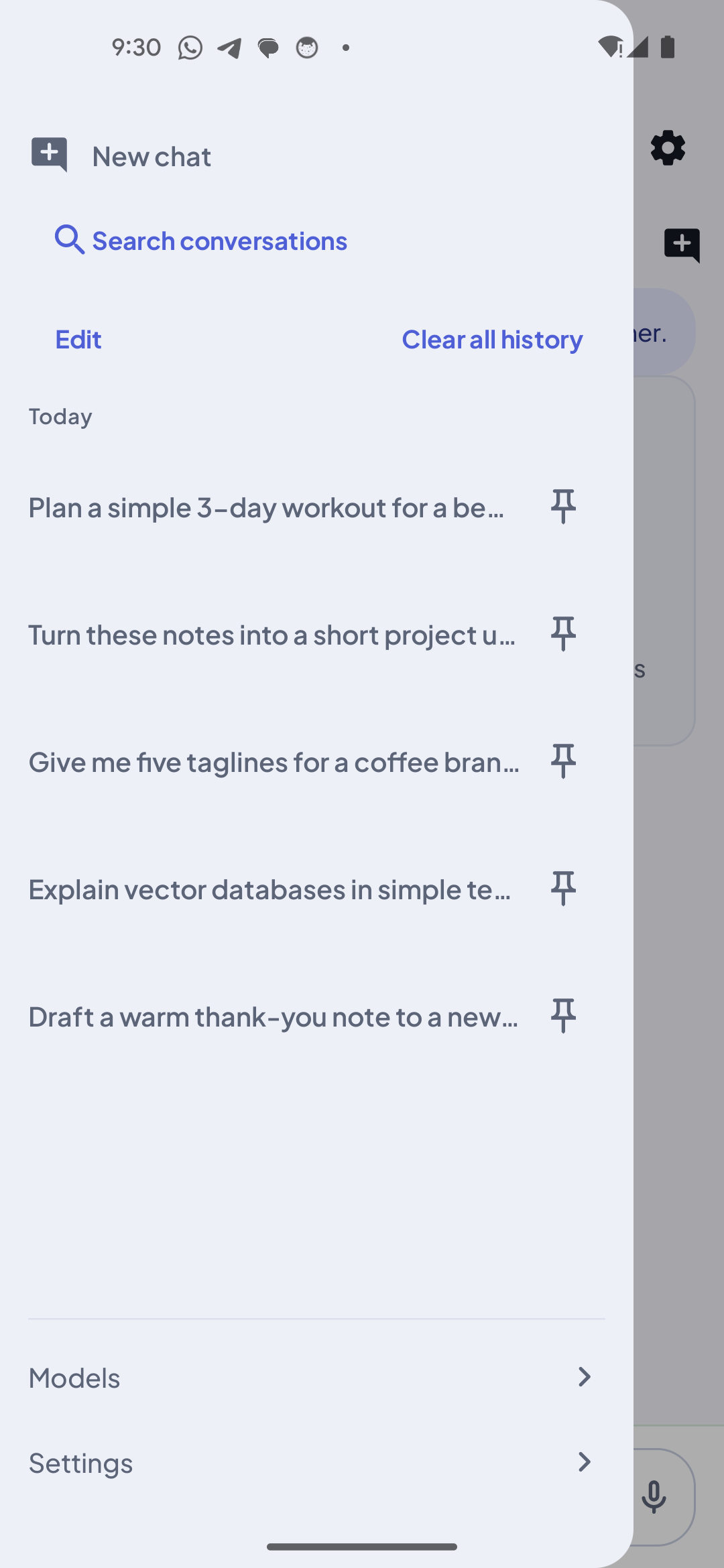 ChatPing conversation drawer listing saved chats under Today with a search field and pin icons
