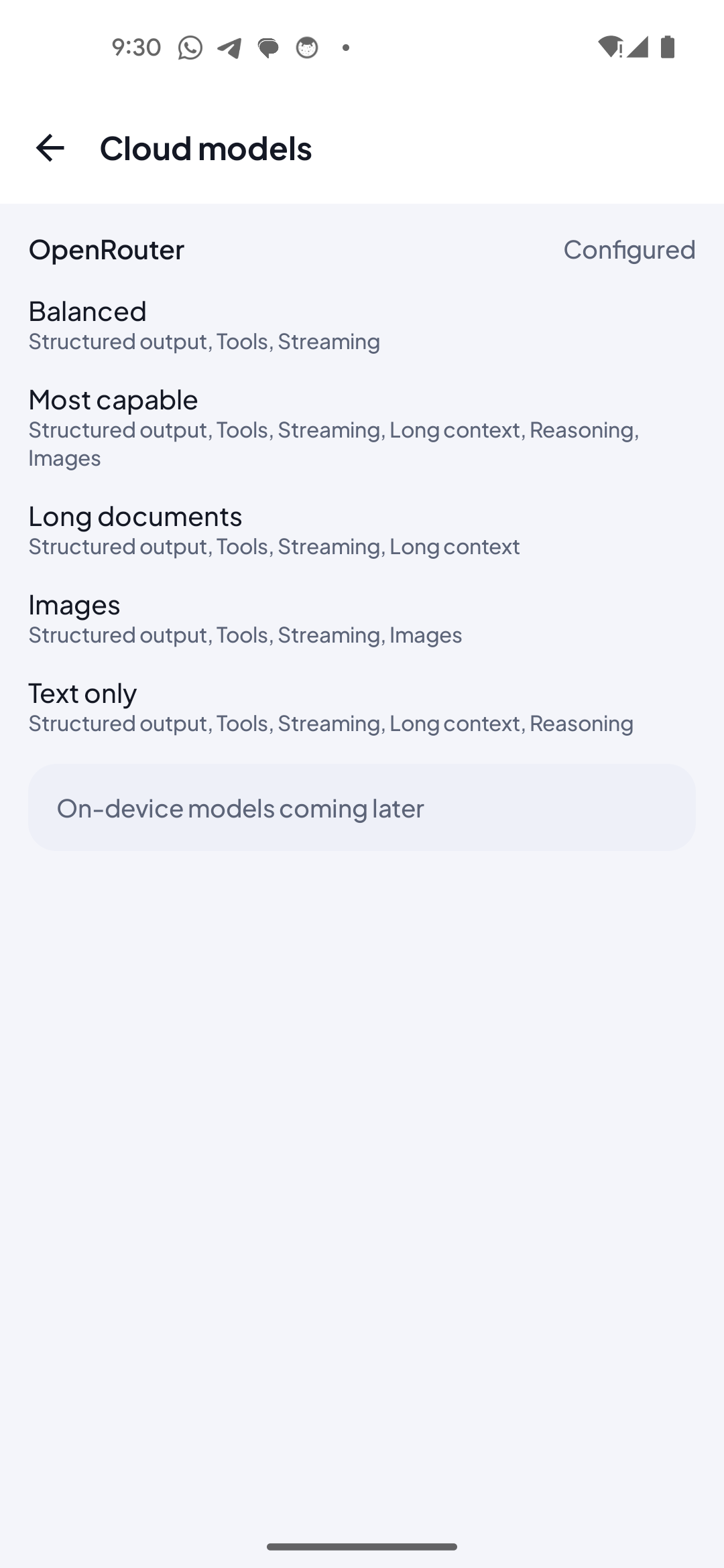 ChatPing Cloud models screen showing an OpenRouter connection marked Configured and a list of model presets such as Balanced, Most capable, and Images