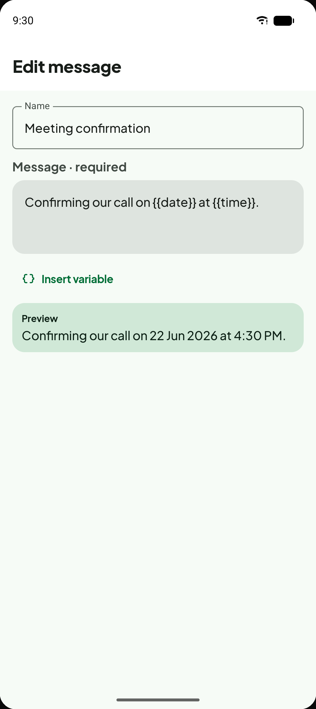 ClickPing saved-message editor showing a message template with a dynamic token and a preview of how it will appear