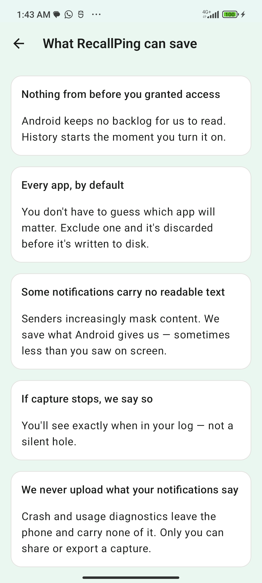 RecallPing screen explaining what it can save, including that notification content is never uploaded