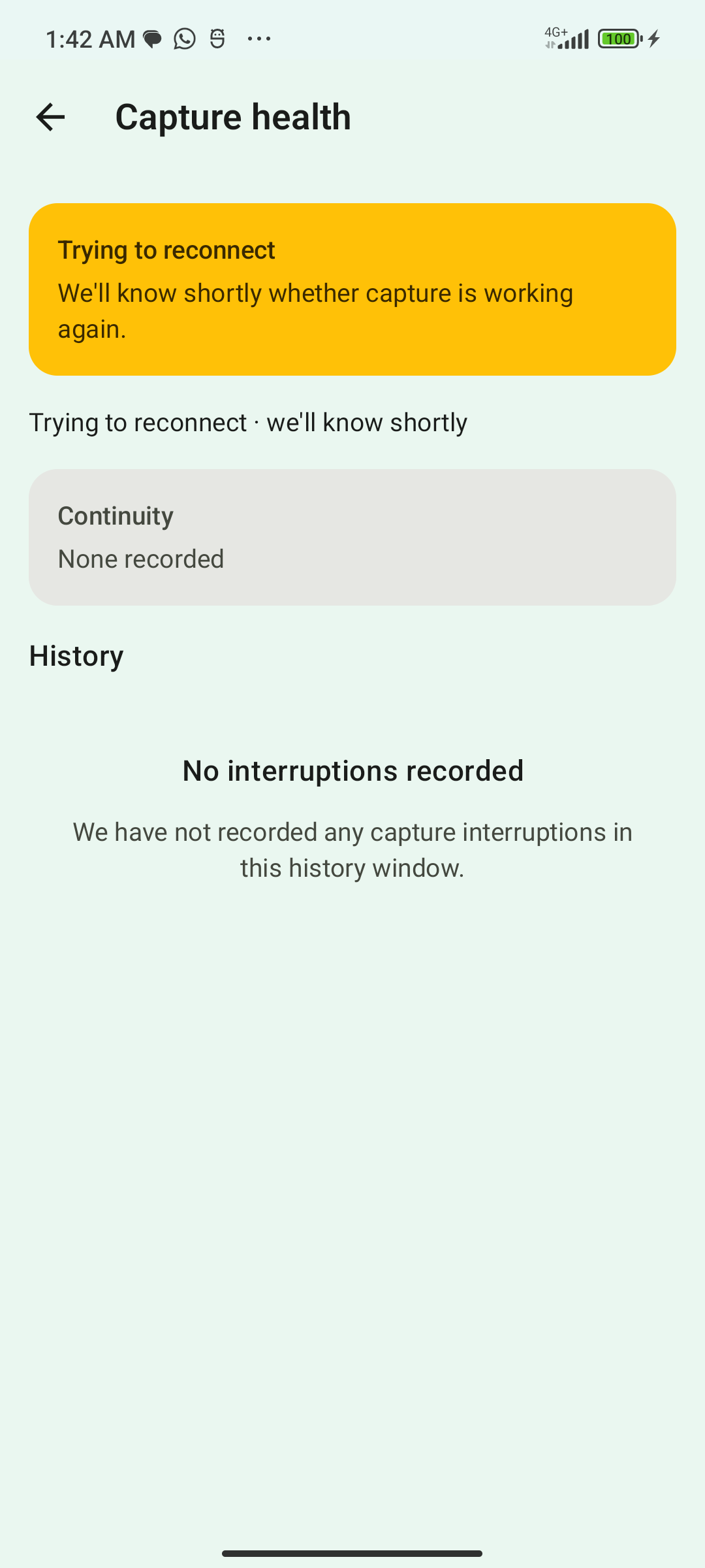 RecallPing Capture health showing a Trying to reconnect banner