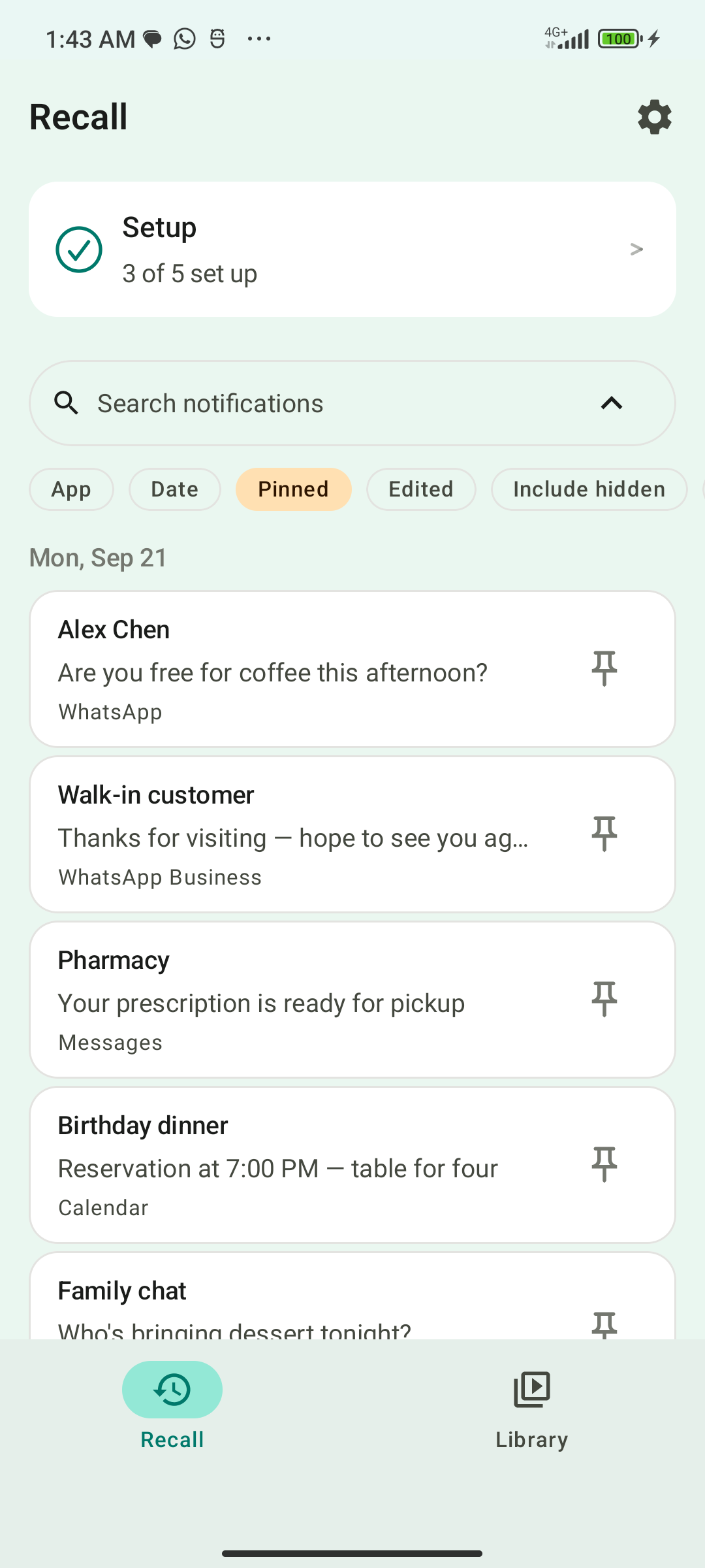 RecallPing Recall list filtered to pinned notifications