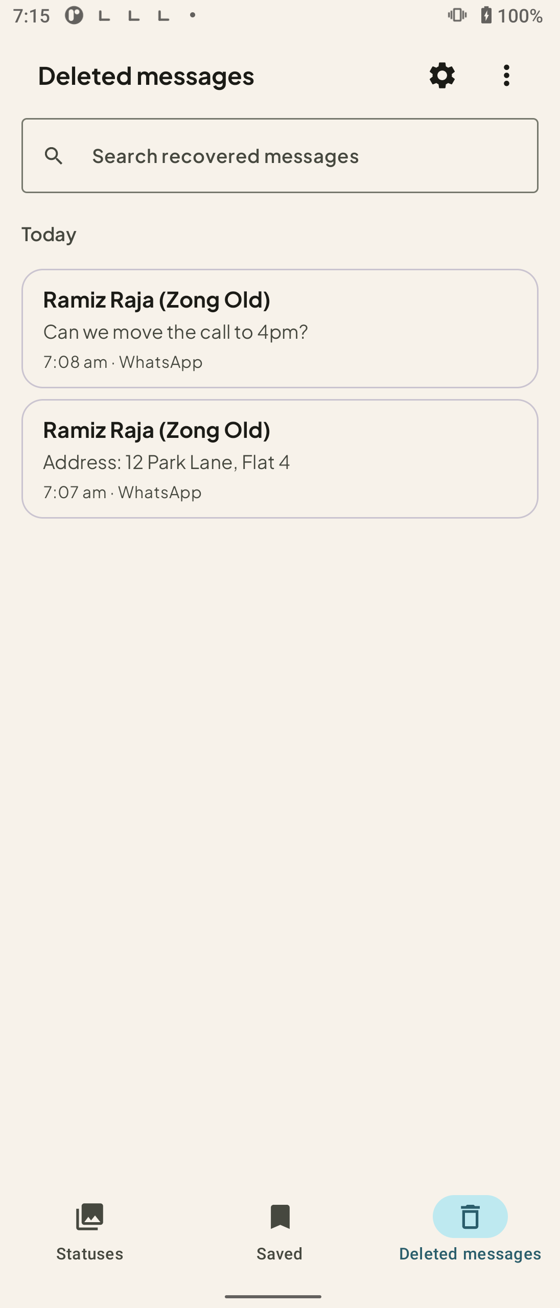 StatusPing Deleted messages tab listing recovered message text with the sender name and the time it arrived