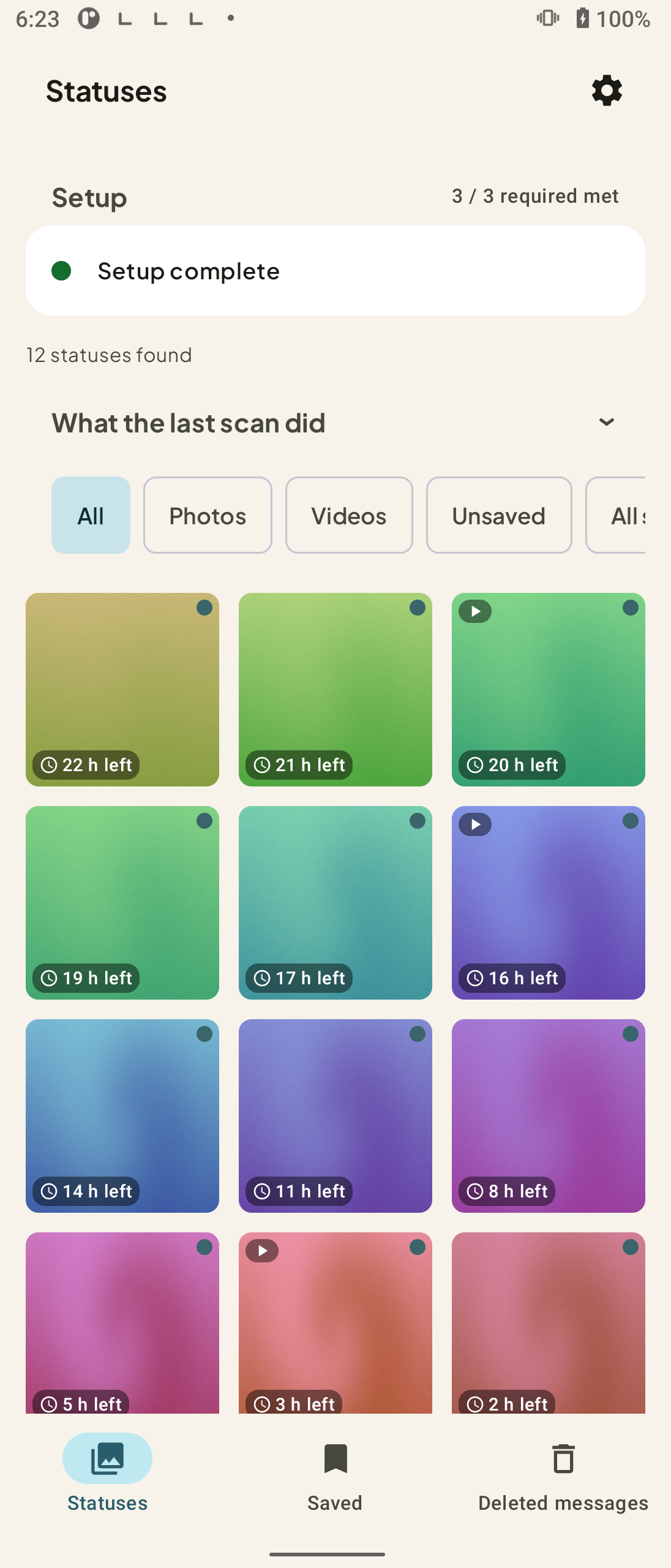 StatusPing Statuses grid showing status photos and videos, each with a badge counting down the hours left before it expires