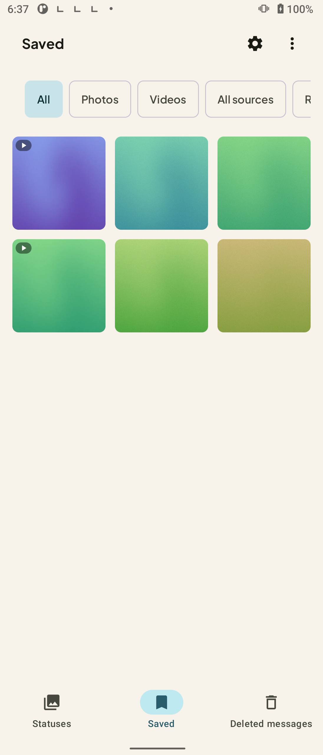 StatusPing Saved library showing kept status photos and videos with search and filter controls