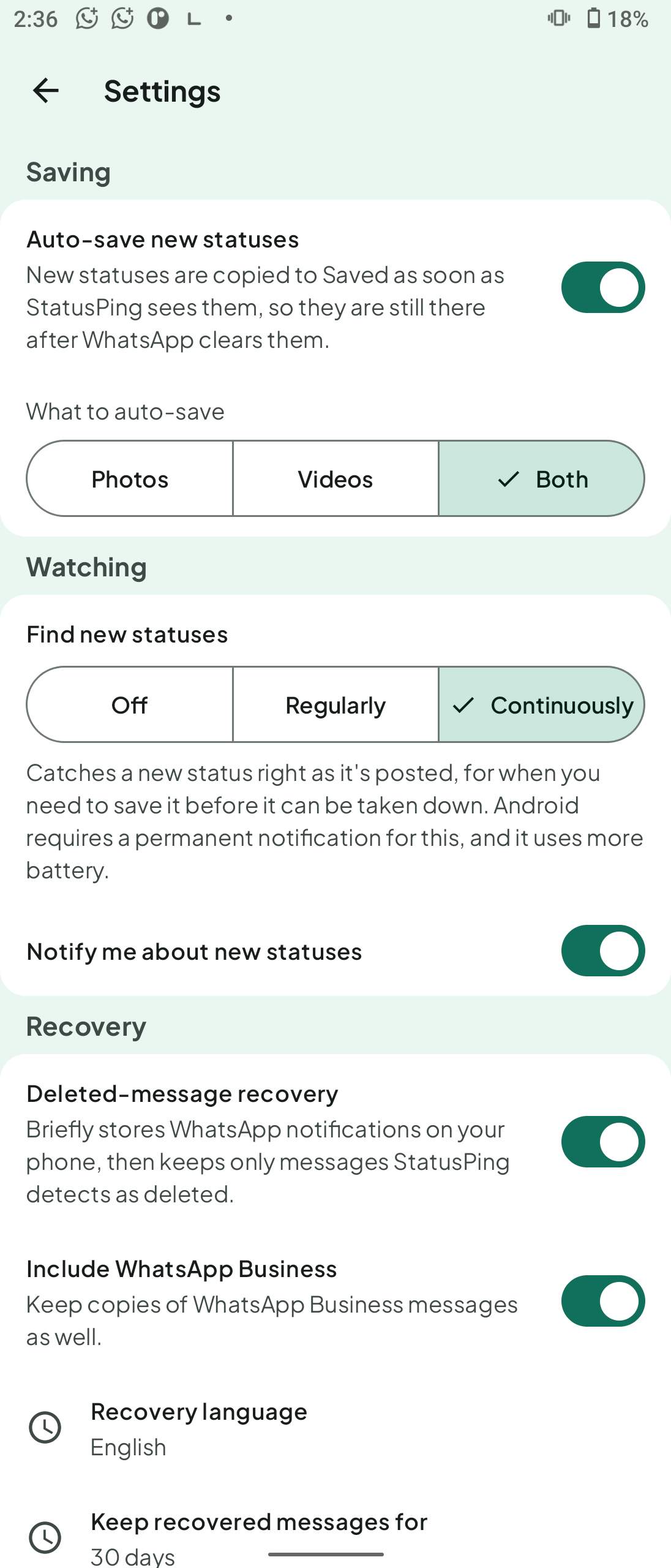 StatusPing Settings with auto-save on and Find new statuses set to Continuously