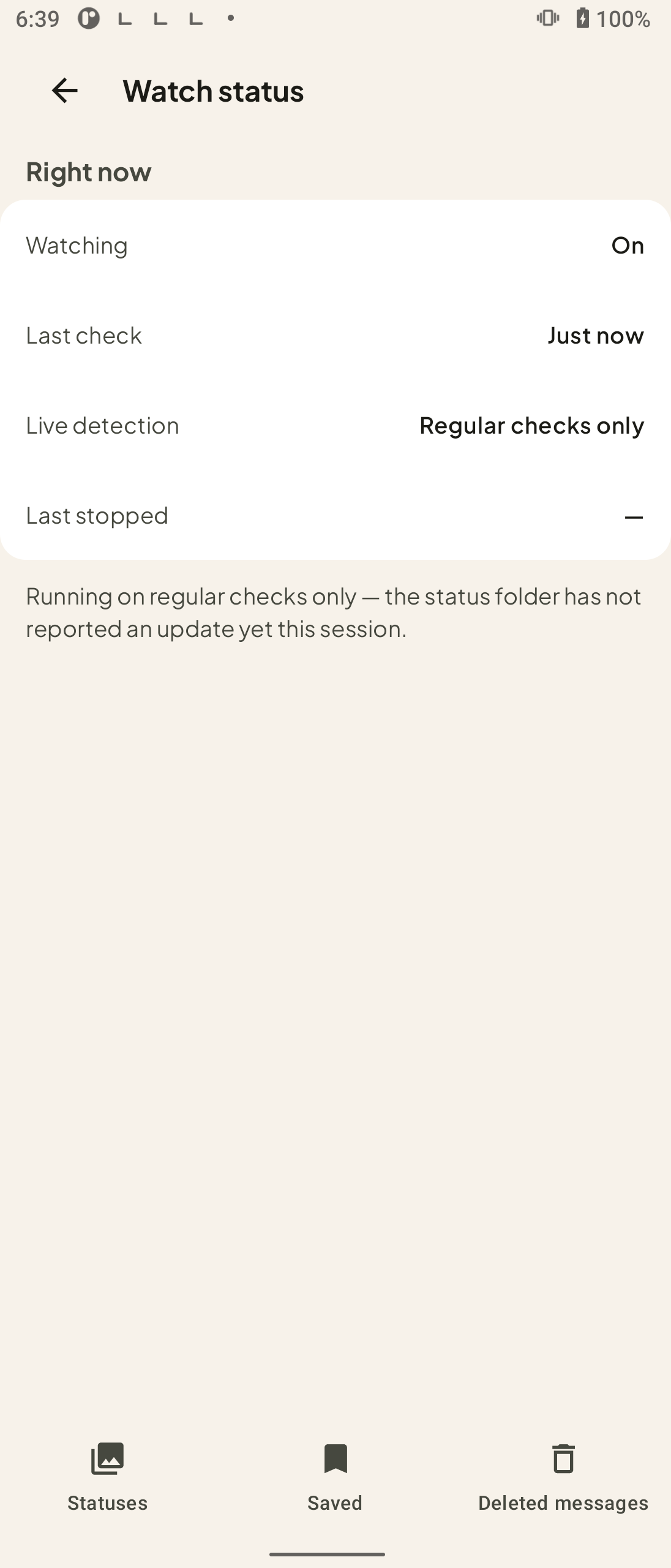 StatusPing Watch status row reporting whether background watching is currently running on this phone