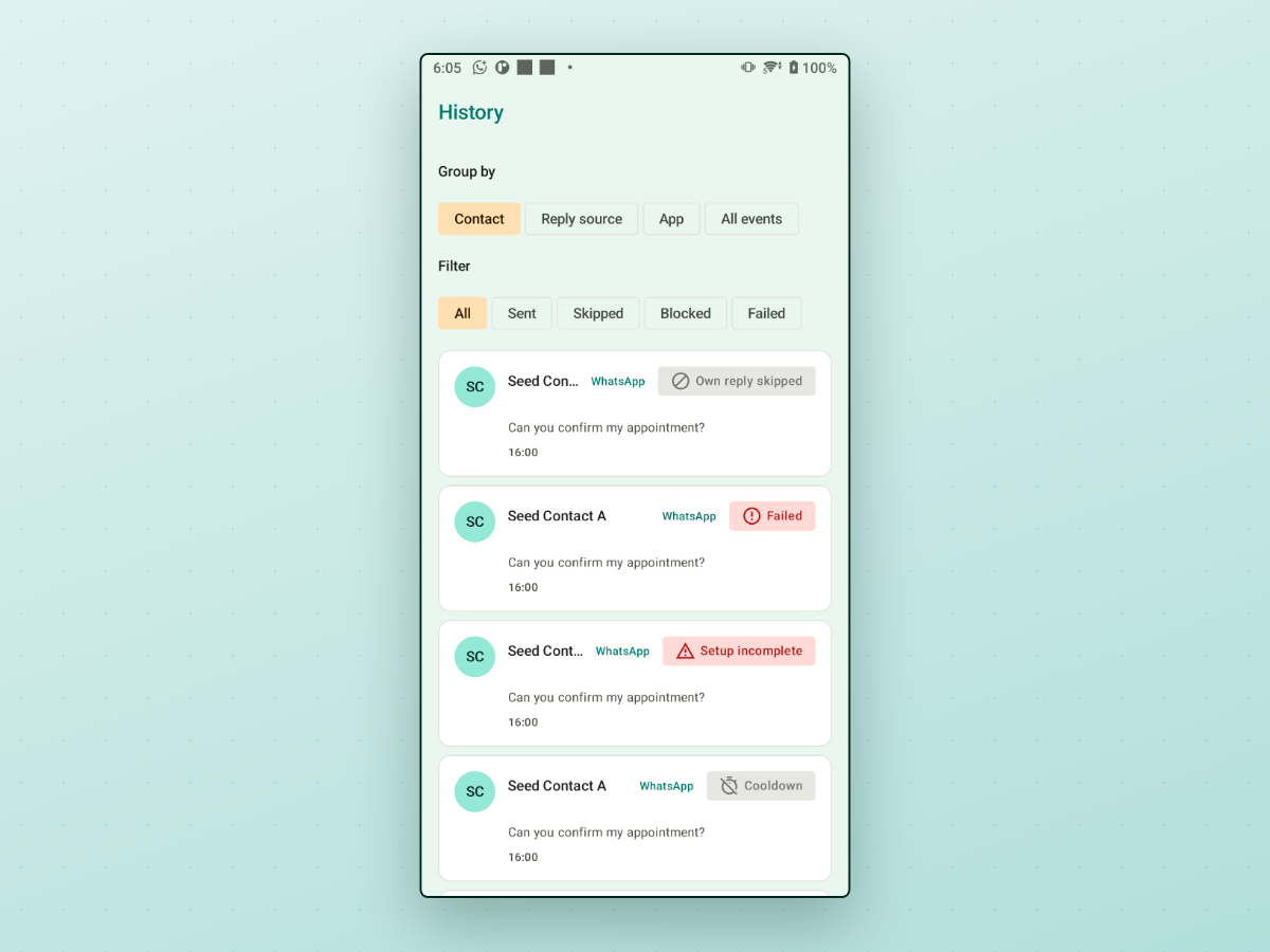 AutoReplyPing History screen grouped by contact, listing event outcomes including Own reply skipped, Failed, Setup incomplete, and Cooldown for WhatsApp