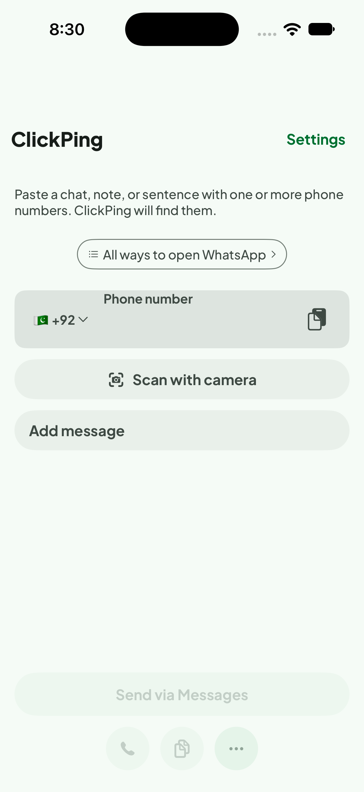 ClickPing home screen on iPhone with the Phone number field and Scan with camera button