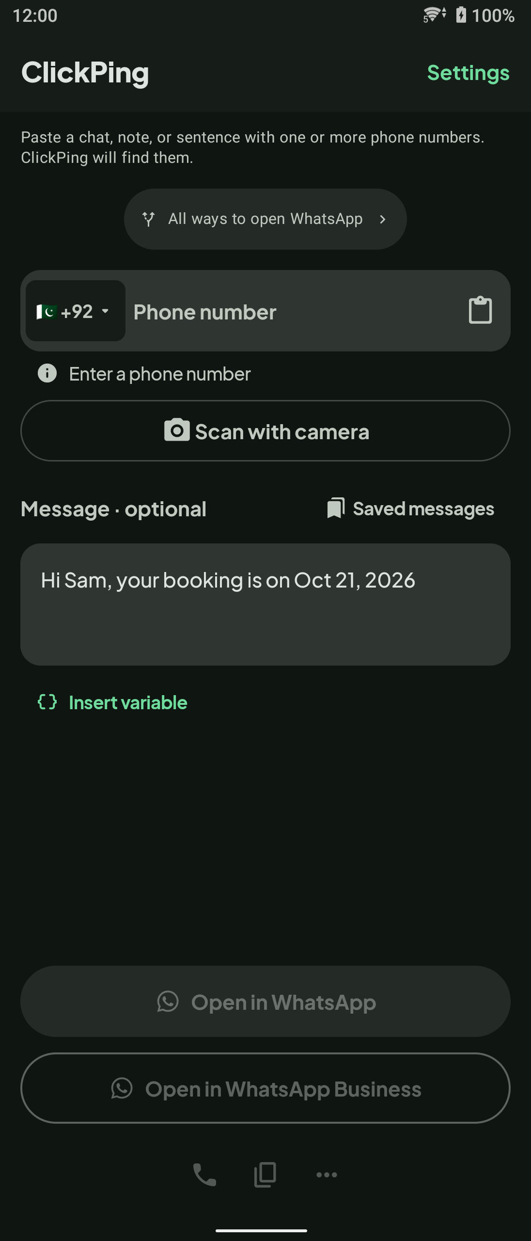 ClickPing home screen with the saved message in the Message box and the date filled in, with Saved messages and Insert variable links