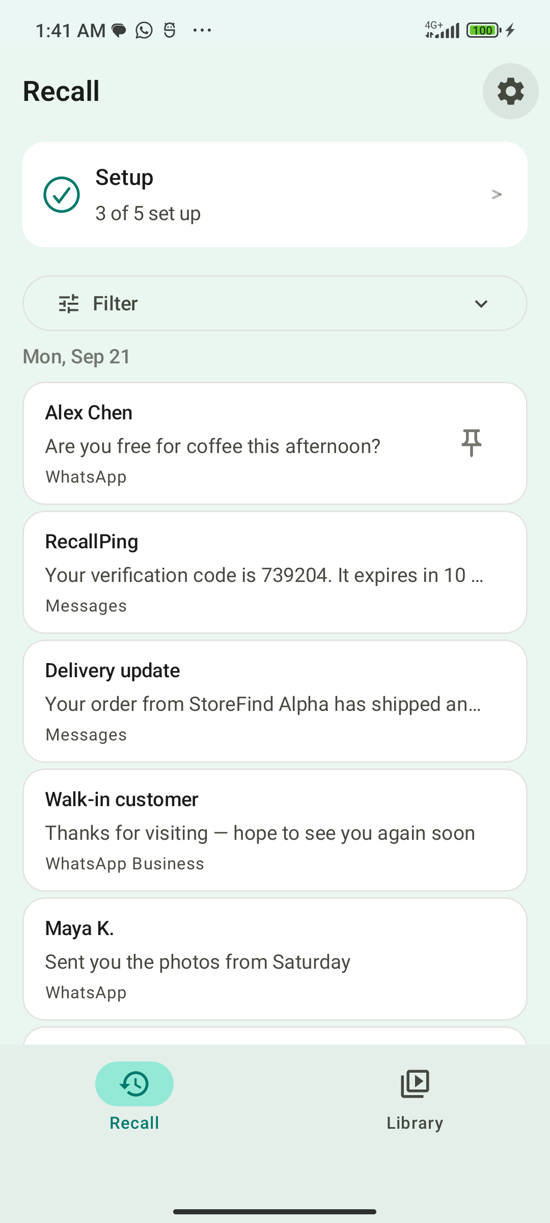 RecallPing notification log with search and filters