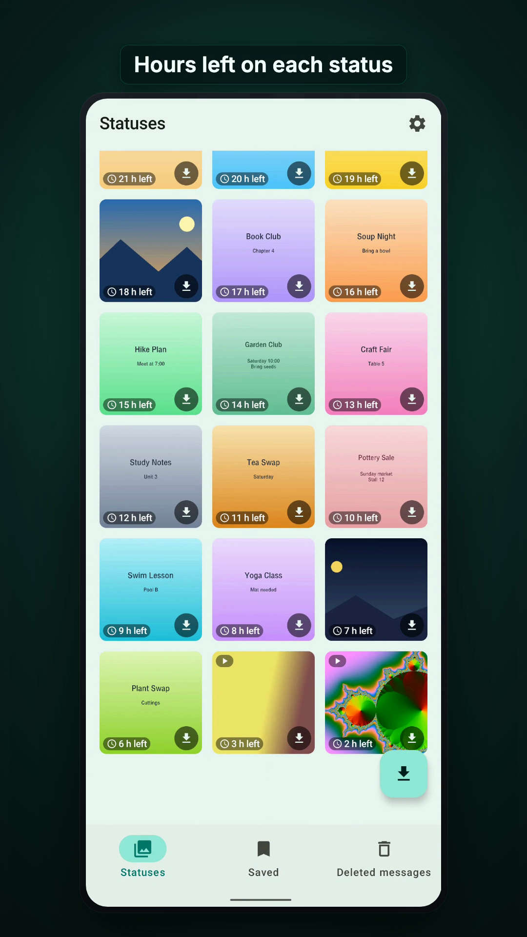 StatusPing list of WhatsApp statuses, each with the time left before it disappears
