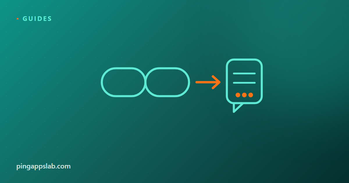 Flat illustration on a dark teal cover — a chain link, an orange arrow, and a chat bubble with message lines and dots, with the kicker Guides and the wordmark pingappslab.com