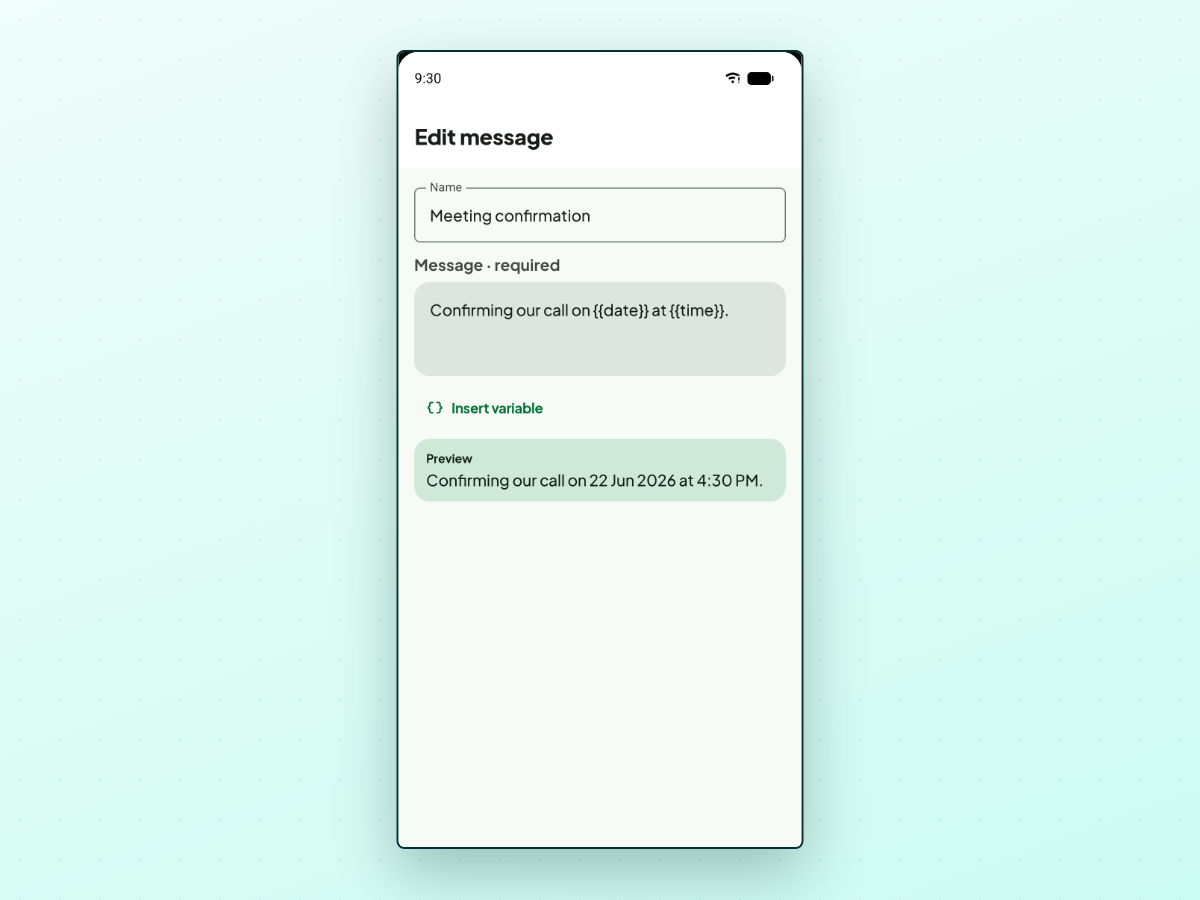 ClickPing's Edit message screen with a Name field, a Message field containing date and time variables, an Insert variable button, and a Preview showing the resolved message
