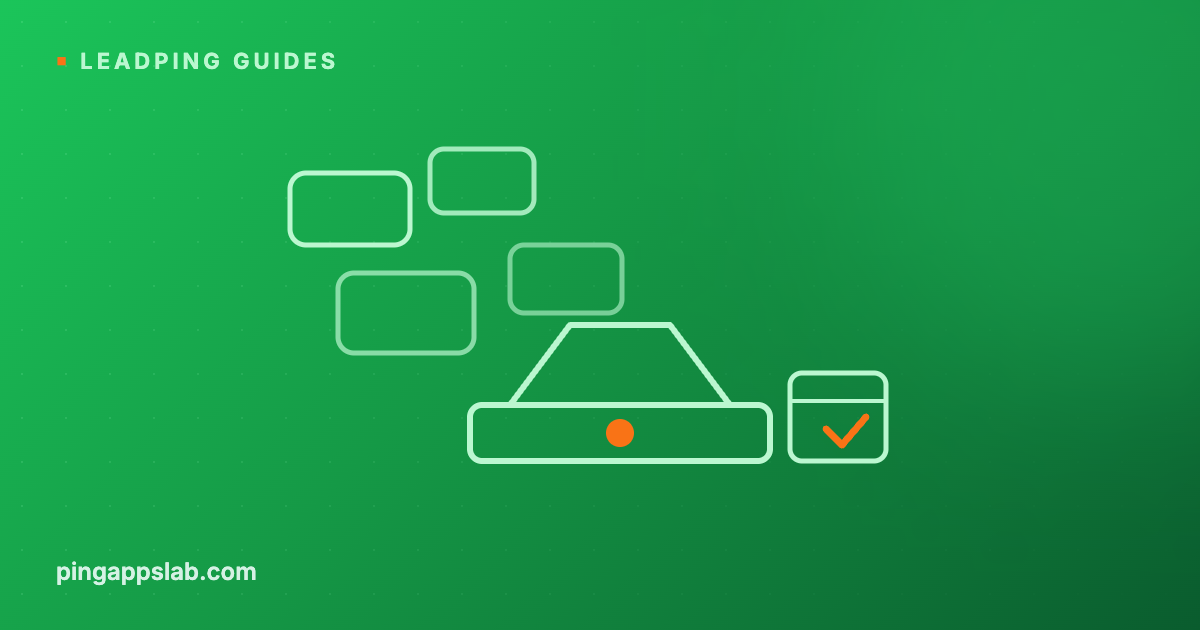 Flat illustration of scattered chat bubbles funneling into a tray with a calendar tick mark on a green gradient cover captioned LeadPing Guides with the wordmark pingappslab.com
