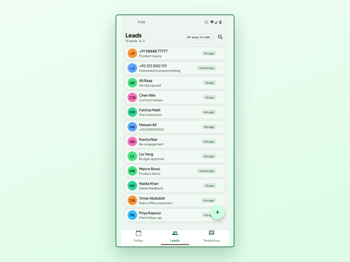 LeadPing Leads tab on Android listing saved leads with context lines and follow-up timing hints, a search control, and bottom navigation Today, Leads, and Templates