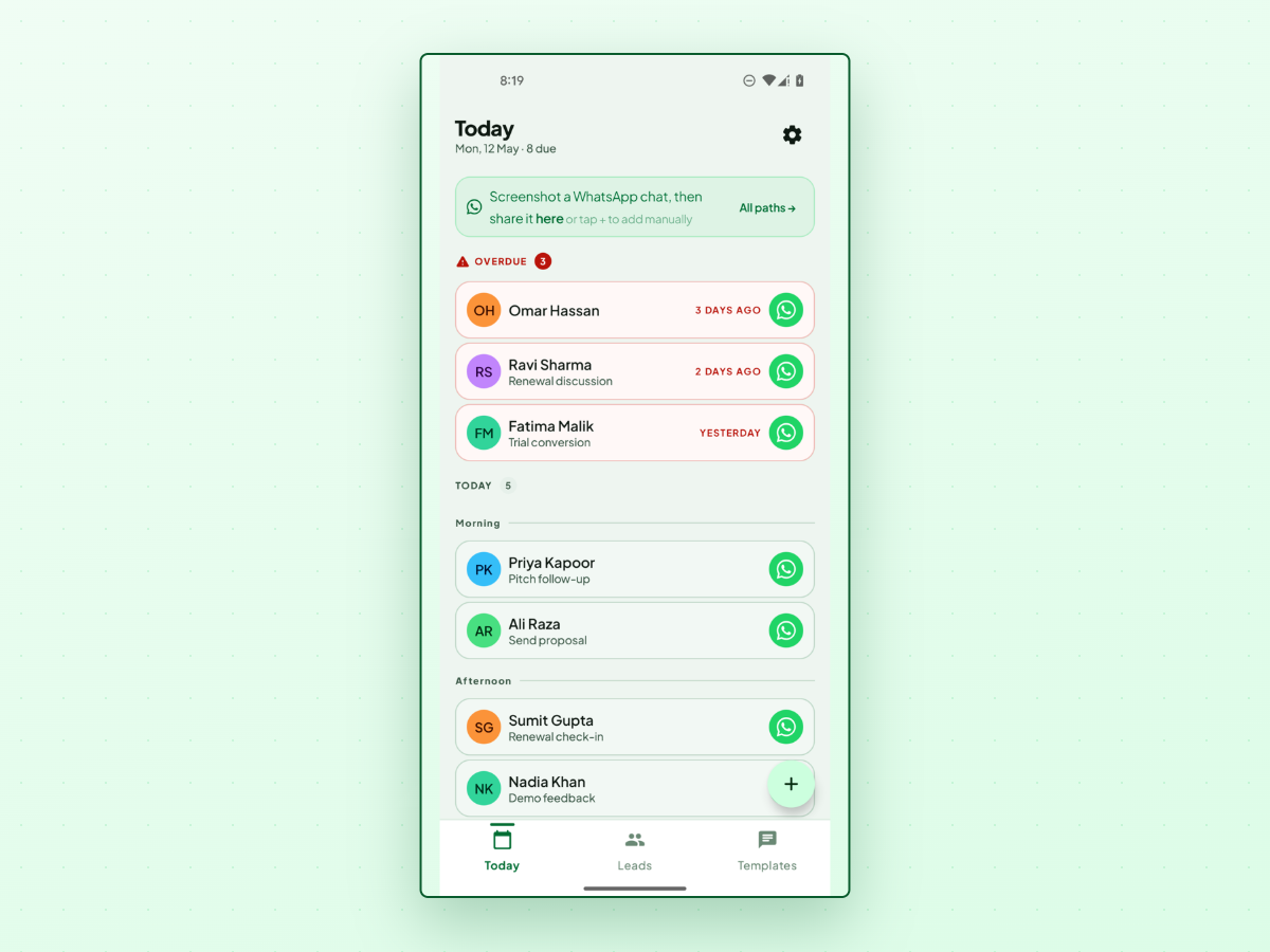 LeadPing Today tab on Android with Overdue and Today sections, lead rows showing time badges and WhatsApp open buttons, and bottom navigation Today, Leads, and Templates