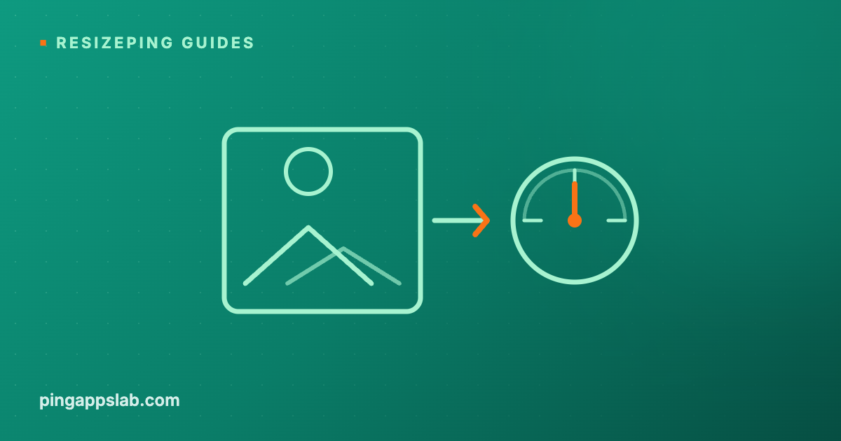 Flat illustration on a teal cover — a photo frame with a landscape icon, an orange arrow, and a gauge dial — with the kicker ResizePing Guides and wordmark pingappslab.com