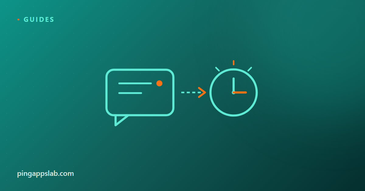 Flat illustration on a teal gradient background showing a WhatsApp chat bubble with an orange indicator dot, a dashed arrow, and a clock dial with reminder accents, with the kicker Guides and wordmark pingappslab.com