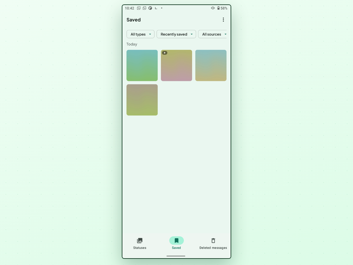 StatusPing on Android showing the Saved tab — filter chips, a Today section, and a grid of saved status photos and videos