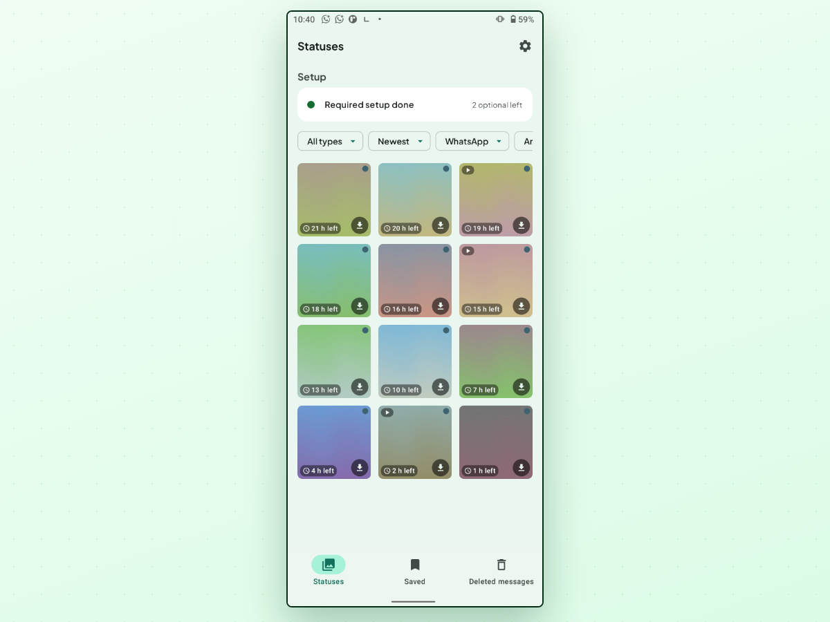 StatusPing on Android showing the Statuses tab — a Required setup done card, filter chips, and a grid of status tiles each with an hours-left countdown badge and a download button