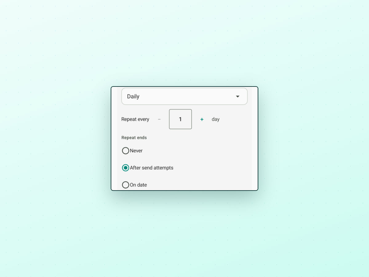 PlannedPing Create Schedule screen with Repeat set to Daily, Repeat every 1 day, Repeat ends options Never, After send attempts selected, and On date