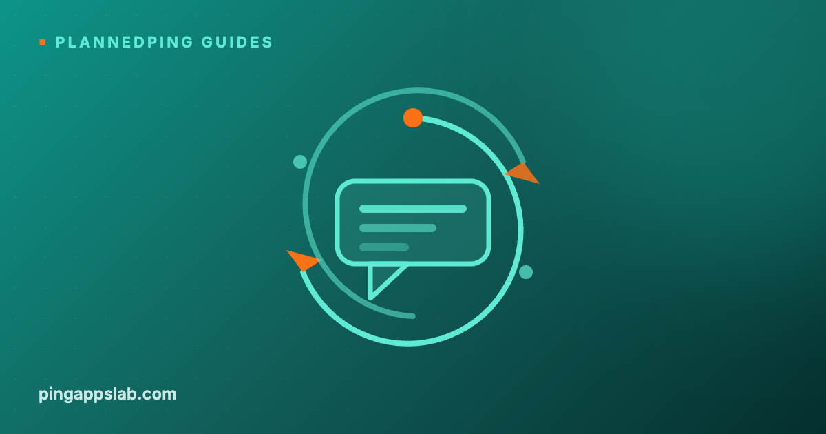 Flat illustration of a chat bubble surrounded by two curved arrows forming a loop, with one orange dot on the orbit