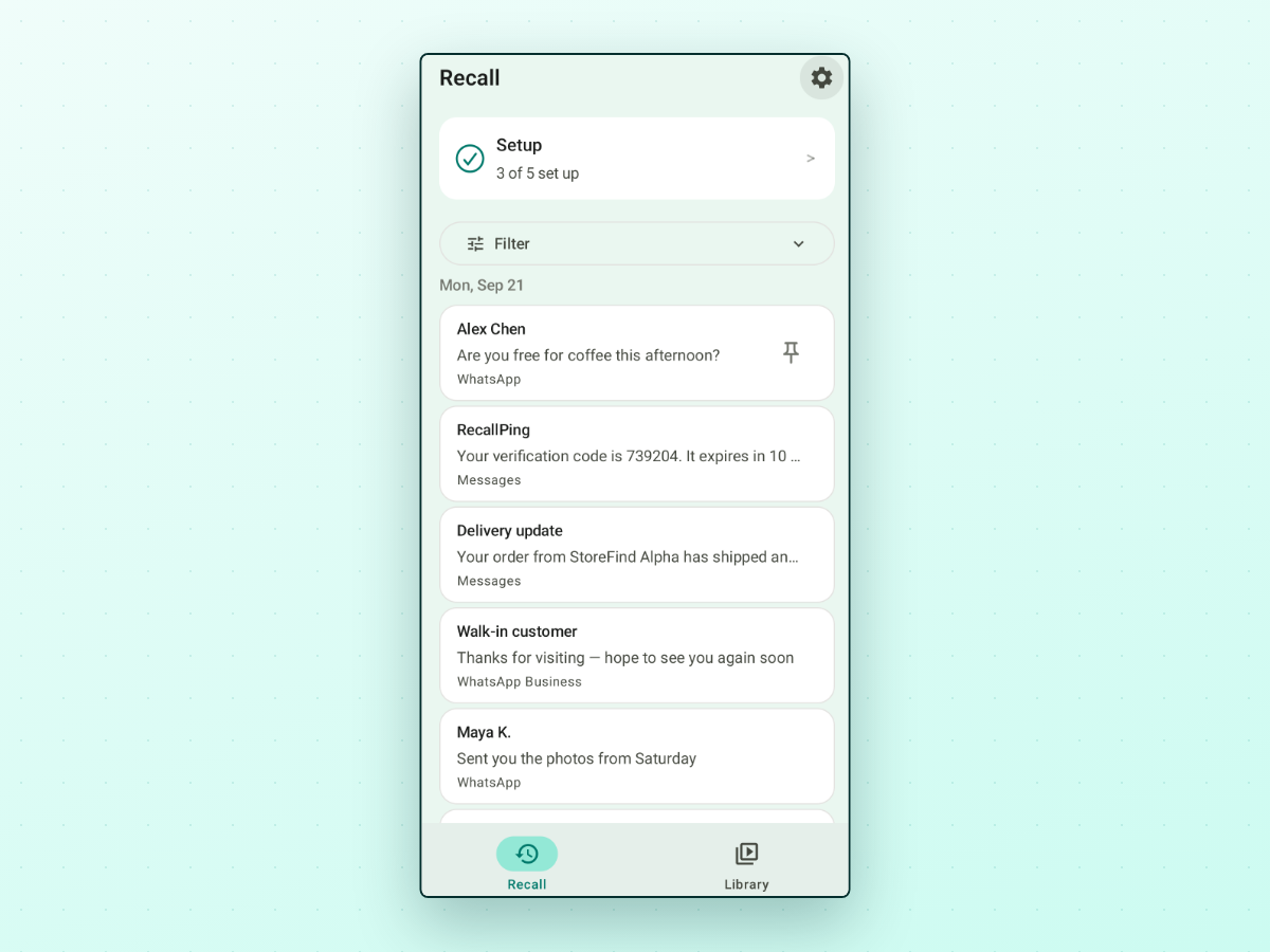 RecallPing screen showing a chronological log of saved notifications from WhatsApp and Messages with sender names and message previews