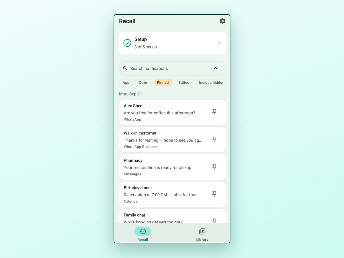 RecallPing screen filtered to pinned notifications with search bar and filter chips for App, Date, Pinned, Edited, and Include hidden