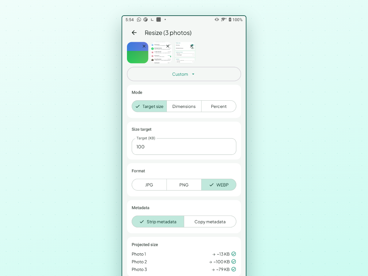 ResizePing on Android displaying Target size mode with a 100 KB target, WEBP format, Strip metadata selected, and projected sizes for three selected photos before running