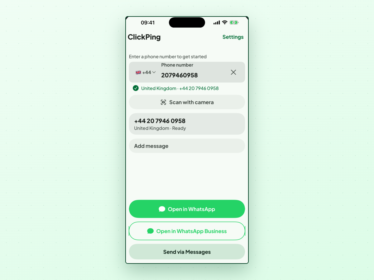 ClickPing on iPhone showing +44 20 7946 0958 with United Kingdom · Ready, Scan with camera, Add message, and Open in WhatsApp and Open in WhatsApp Business buttons