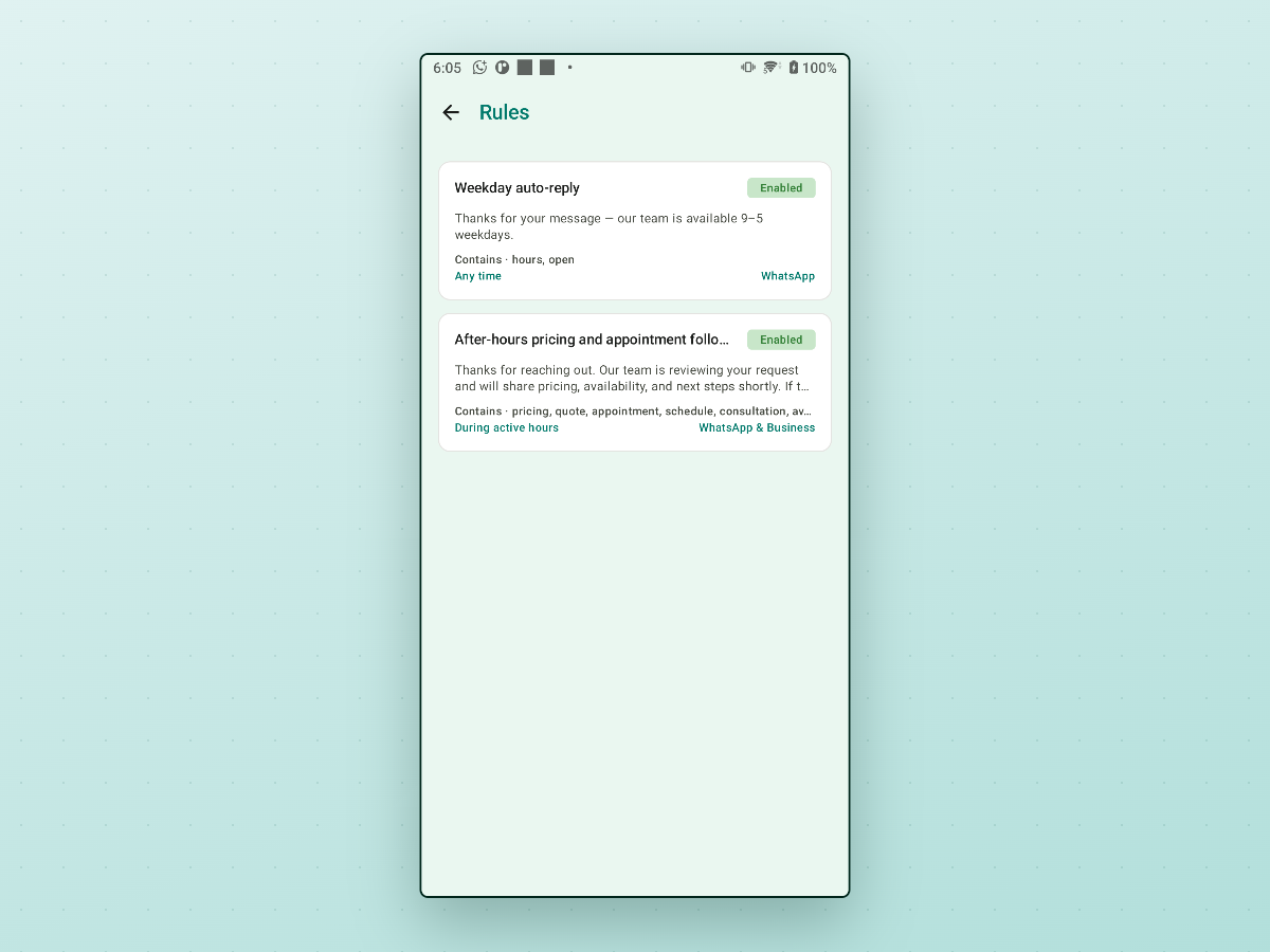 AutoReplyPing Rules list with two enabled rules — Weekday auto-reply matching Contains hours and open for WhatsApp, and After-hours pricing and appointment follow-up matching keyword phrases for WhatsApp and Business during active hours