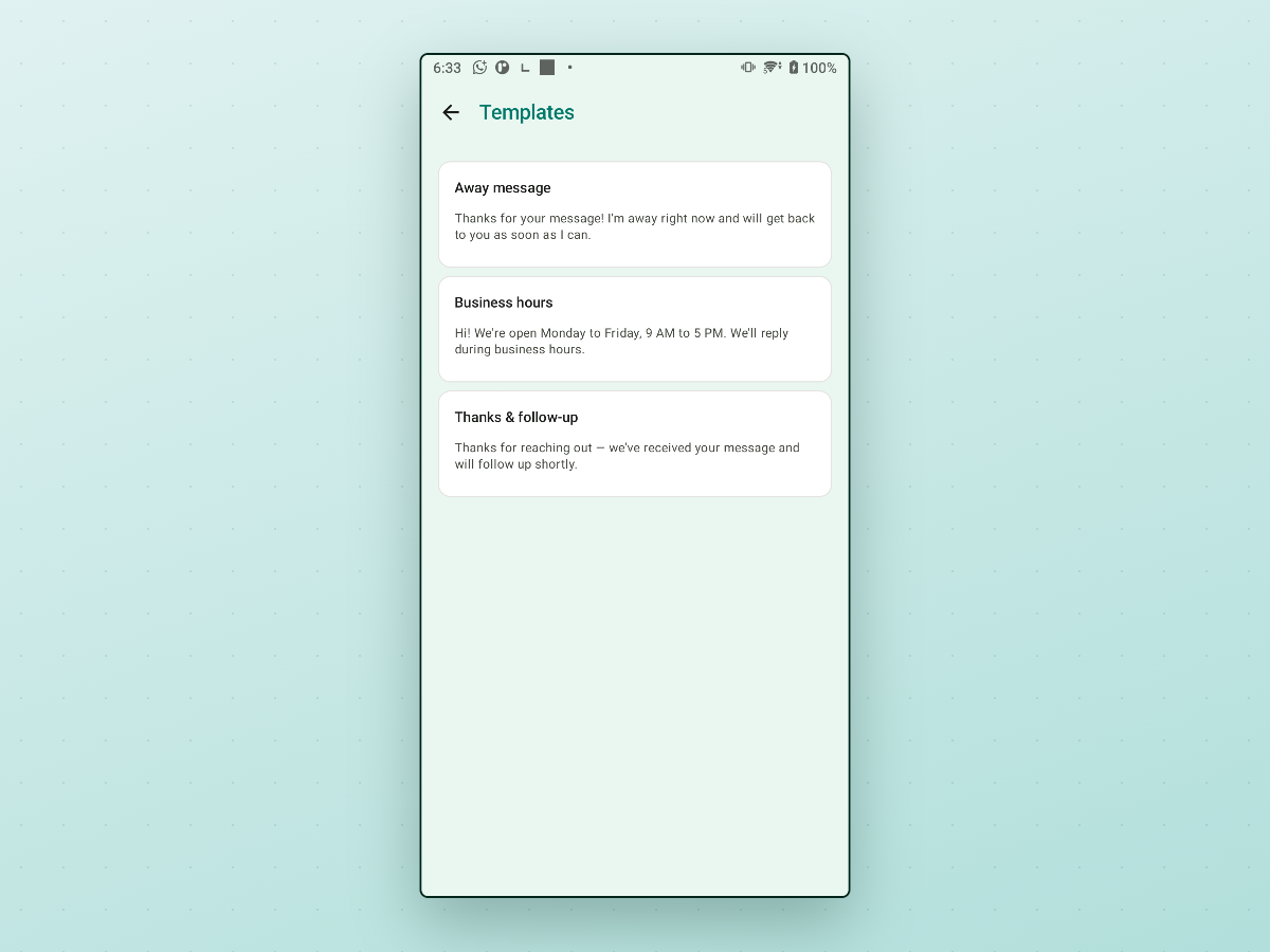 AutoReplyPing Templates list showing three saved templates titled Away message, Business hours, and Thanks and follow-up with their full reply bodies