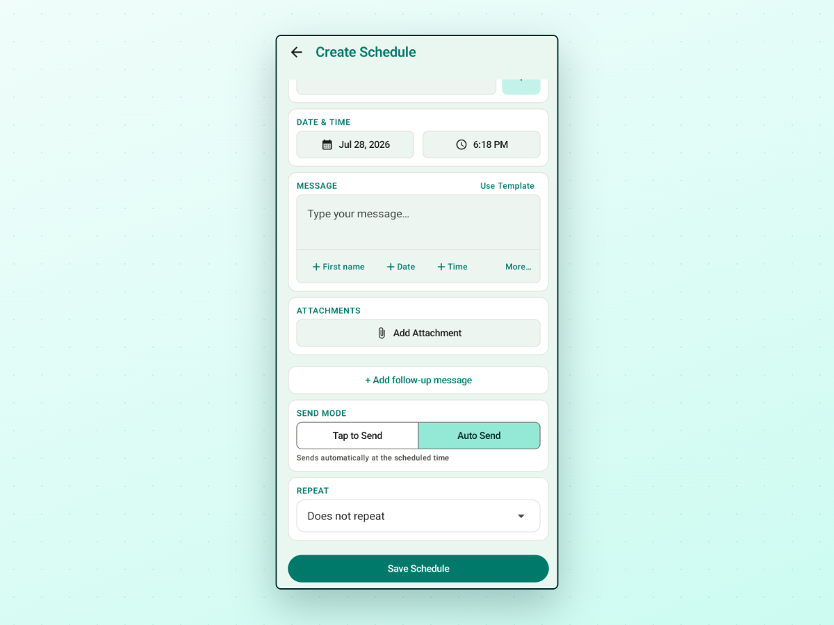 PlannedPing's Create Schedule screen scrolled to a Send Mode section offering two options, Tap to Send and Auto Send, with Auto Send selected and the note 'Sends automatically at the scheduled time'