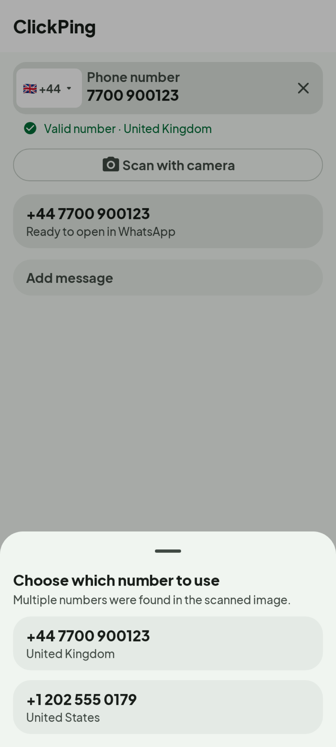 ClickPing result after scanning a number with the camera