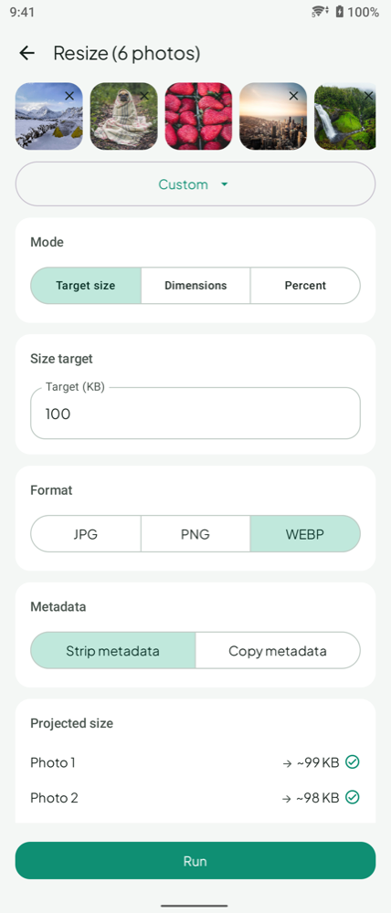 ResizePing on Android with Target size mode selected, a Target (KB) field and projected sizes for photos before Run