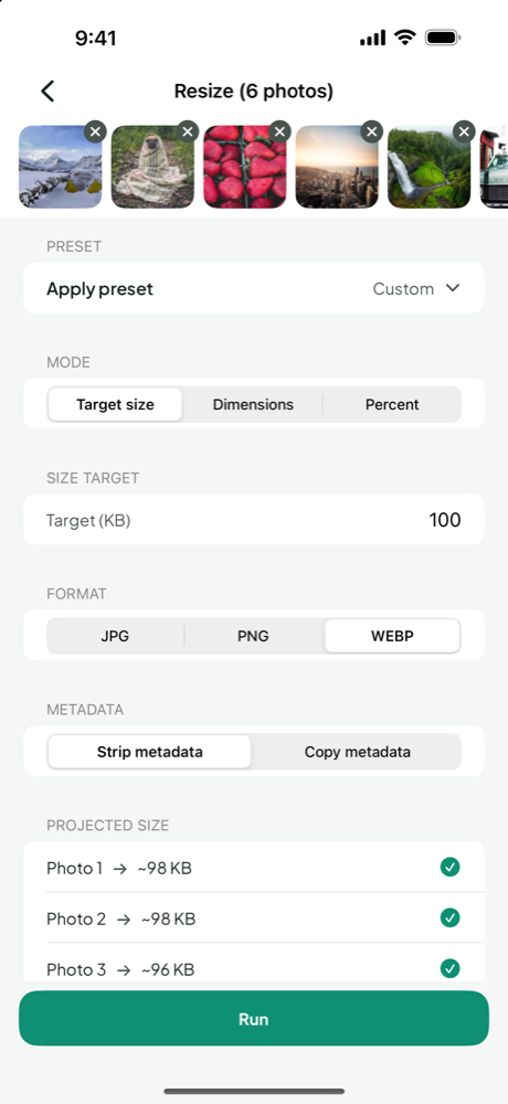 ResizePing on iPhone with Target size mode selected, a Target (KB) field and projected sizes for photos before Run