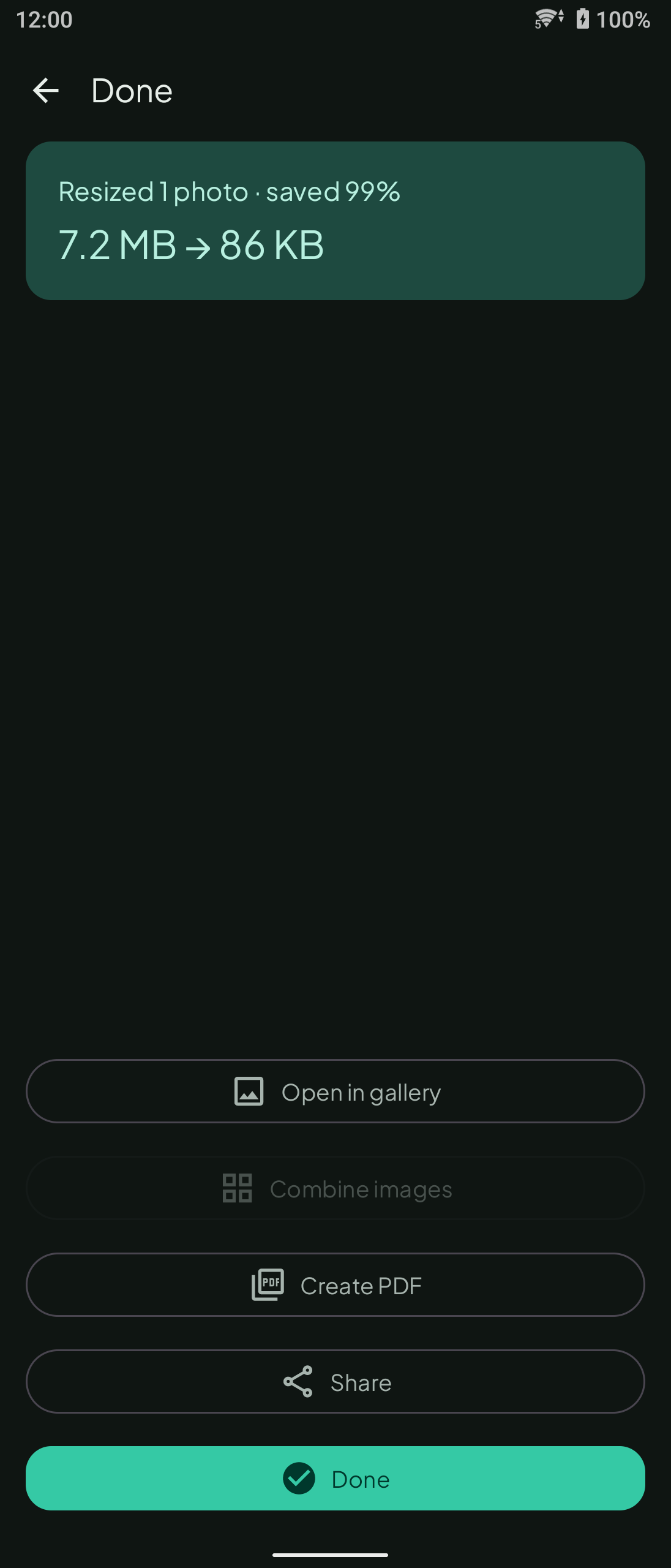 ResizePing Done screen showing Resized 1 photo, saved 99%, 7.2 MB to 86 KB