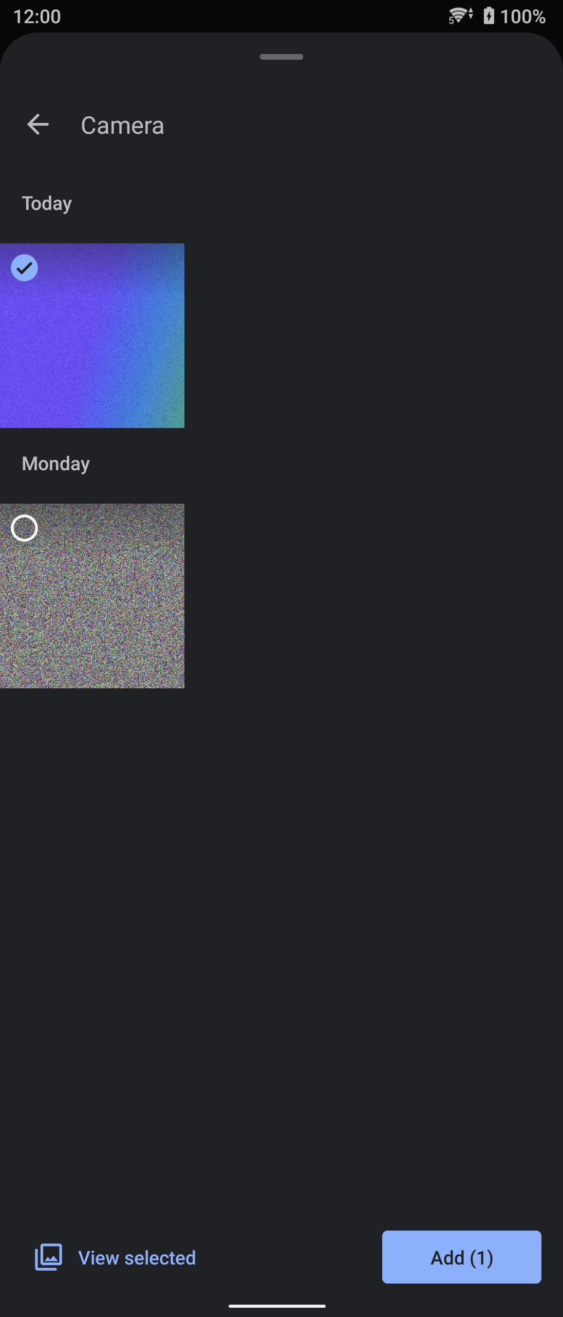 Android photo picker with one photo selected and an Add (1) button
