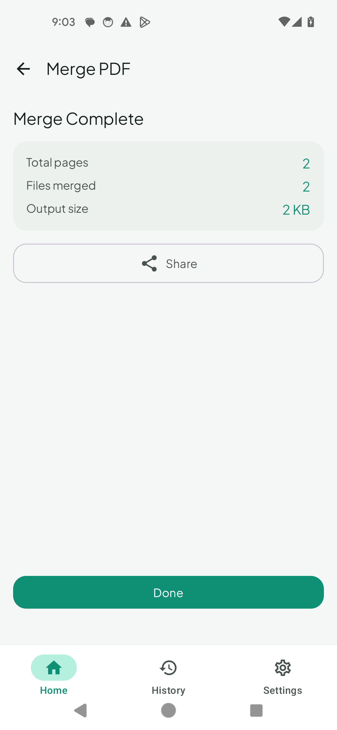 ResizePing Merge Complete screen showing total pages, files merged and output size with Share and Done buttons
