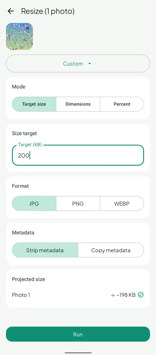 ResizePing Resize screen with Mode set to Target size, 200 in Target (KB), JPG selected and a projected size of about 198 KB