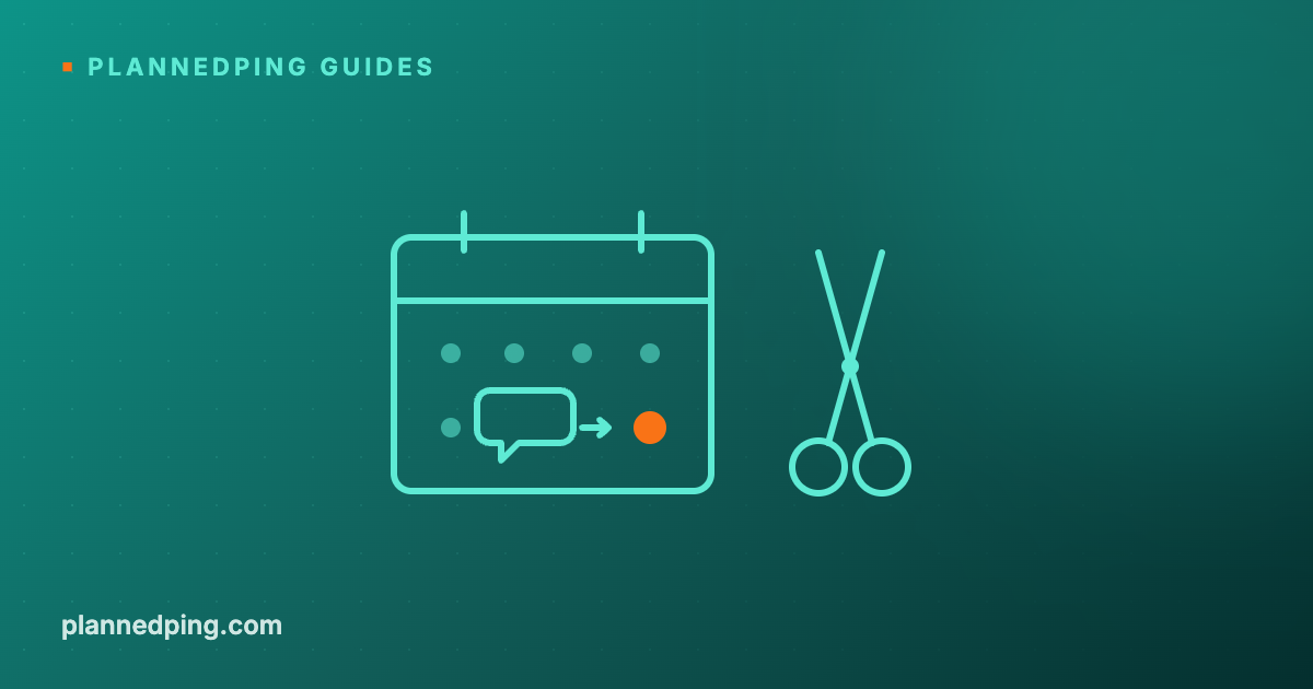 Line illustration of a calendar page on which a message bubble occupies one day and an arrow points from it to the next day, marked with a solid orange dot, with a pair of scissors standing alongside