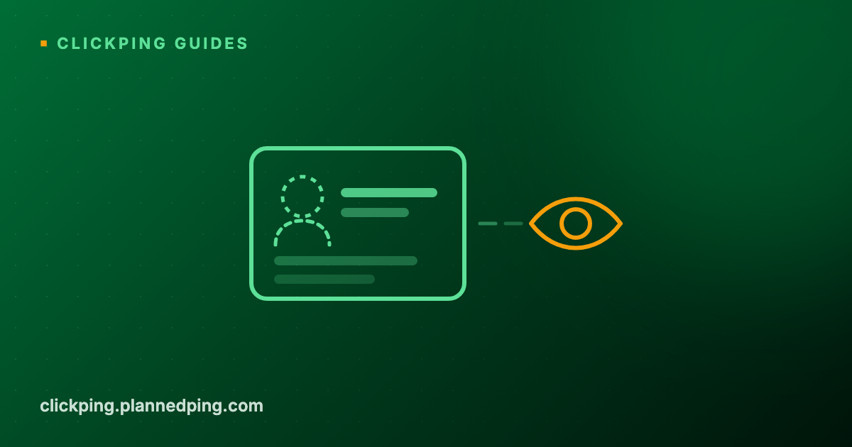 Flat illustration of a contact card whose avatar is drawn in a dashed outline, watched by an open eye in amber, on a dark green cover captioned CLICKPING GUIDES with the wordmark clickping.plannedping.com