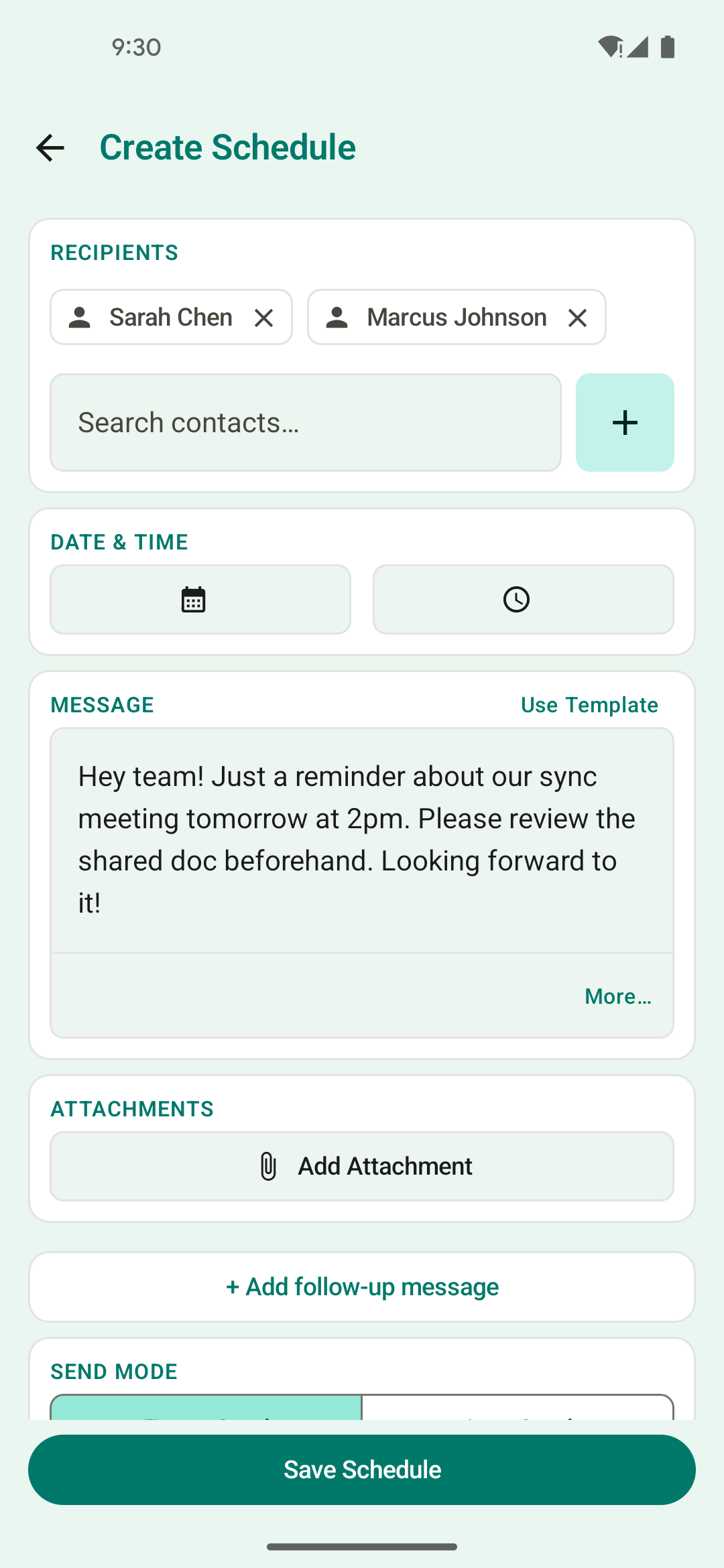 Composing a scheduled WhatsApp message with recipients, date, time, and send mode