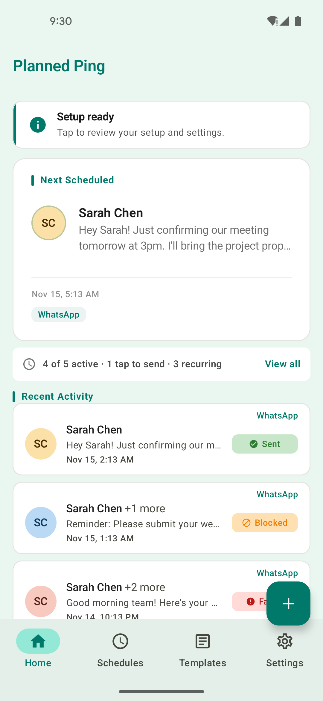PlannedPing home screen showing scheduled messages and recent activity